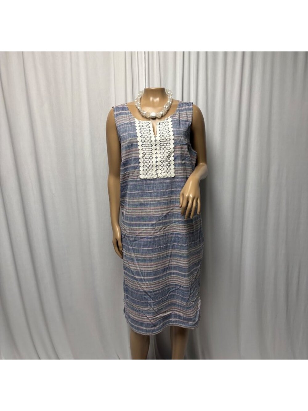 Talbots Blue Multi-Stripe Sleeveless Shift Dress Size 16 Cotton Casual Comfy
